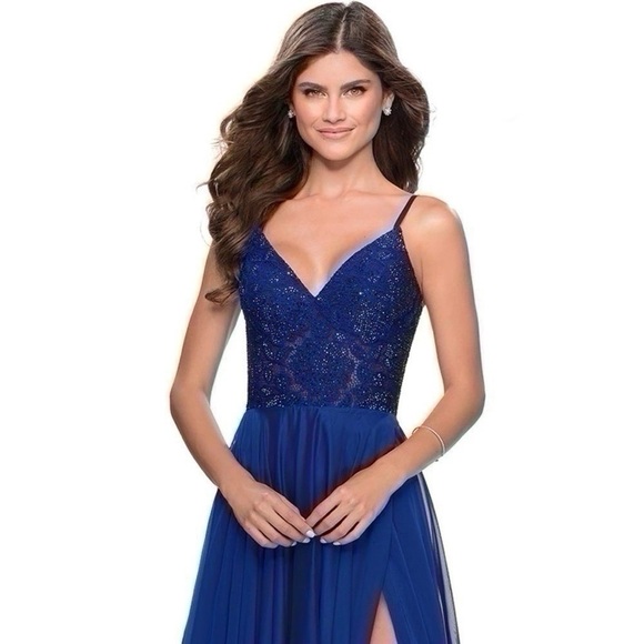 La Femme Sparkle Lace Chiffon Gown Marine Blue 28664 - Picture 7 of 14